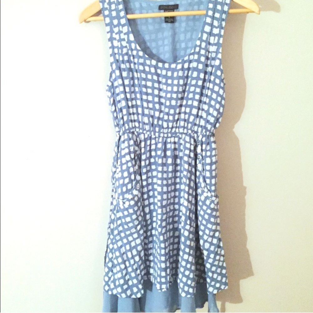 Doki Geki Square Print Sundress with Pockets! Light Blue White Small